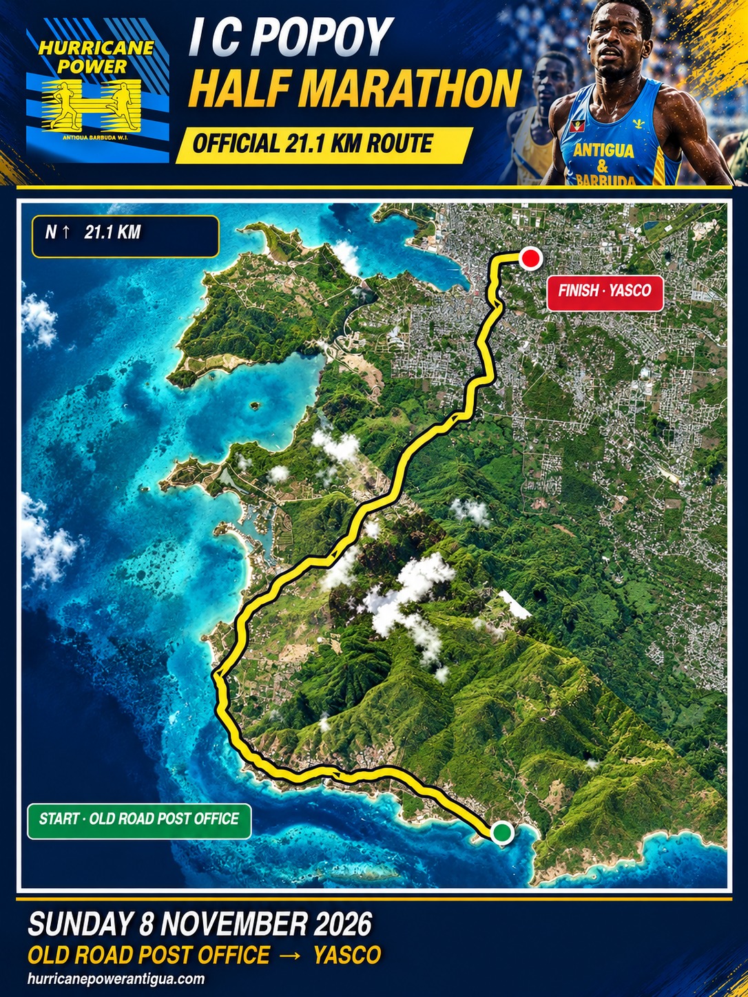 Illustrated 21.1 km half marathon route from Old Road Post Office to YASCO Sports Complex
